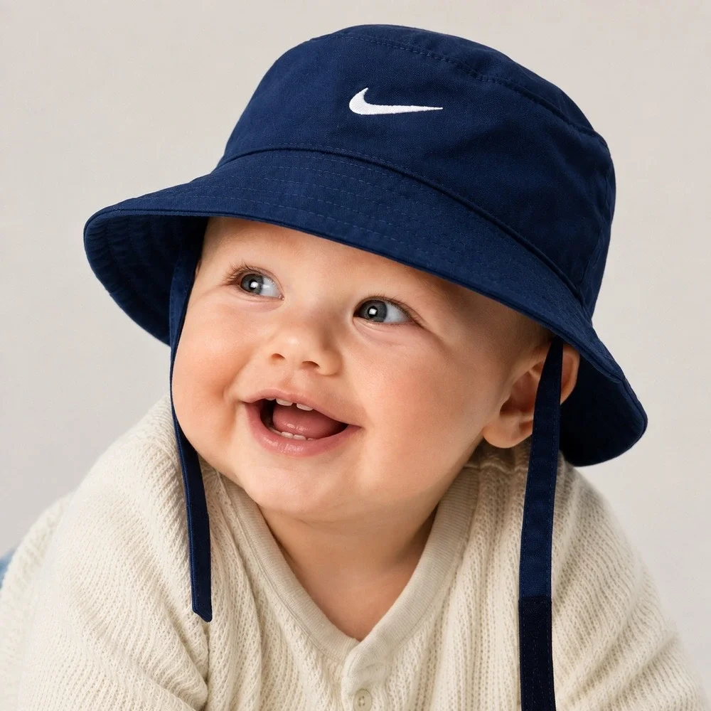 Nike Infant Sun Bucket Hat Navy Blue UPF 40+ Swoosh Chin Strap